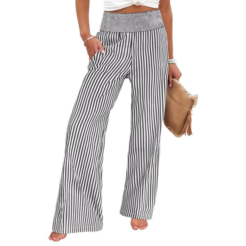 ANRABESS Womens Striped Gingham Palazzo Pants Wide Leg High Waisted Lounge Pajama Pants Cute Casual Trousers with Pockets for Comfort