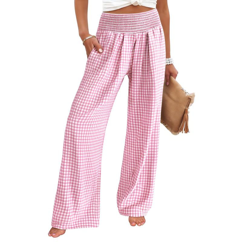 ANRABESS Womens Striped Gingham Palazzo Pants Wide Leg High Waisted Lounge Pajama Pants Cute Casual Trousers with Pockets for Comfort
