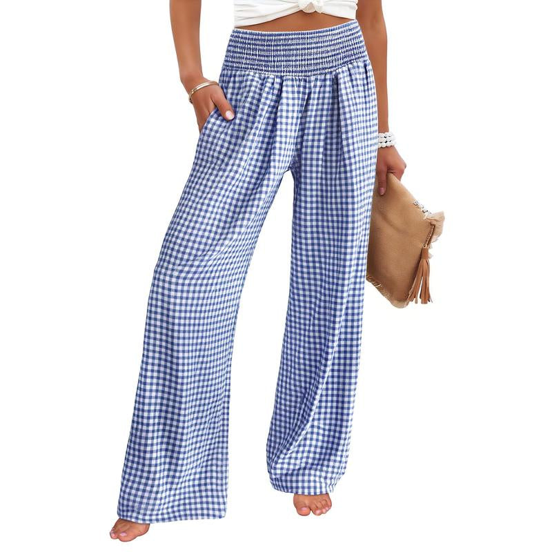 ANRABESS Womens Striped Gingham Palazzo Pants Wide Leg High Waisted Lounge Pajama Pants Cute Casual Trousers with Pockets for Comfort