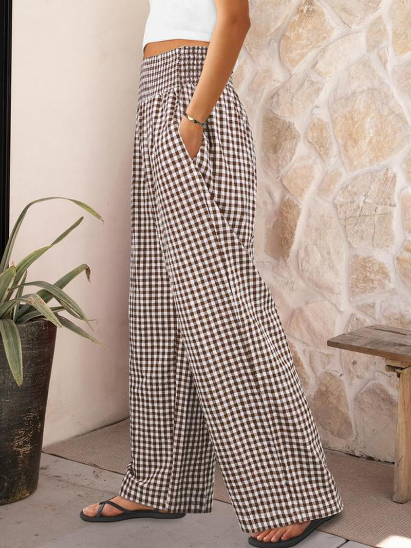 ANRABESS Womens Striped Gingham Palazzo Pants Wide Leg High Waisted Lounge Pajama Pants Cute Casual Trousers with Pockets for Comfort