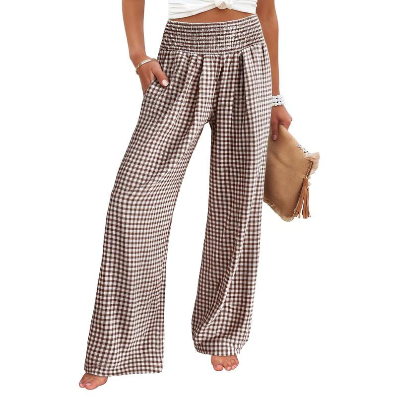 ANRABESS Womens Striped Gingham Palazzo Pants Wide Leg High Waisted Lounge Pajama Pants Cute Casual Trousers with Pockets for Comfort