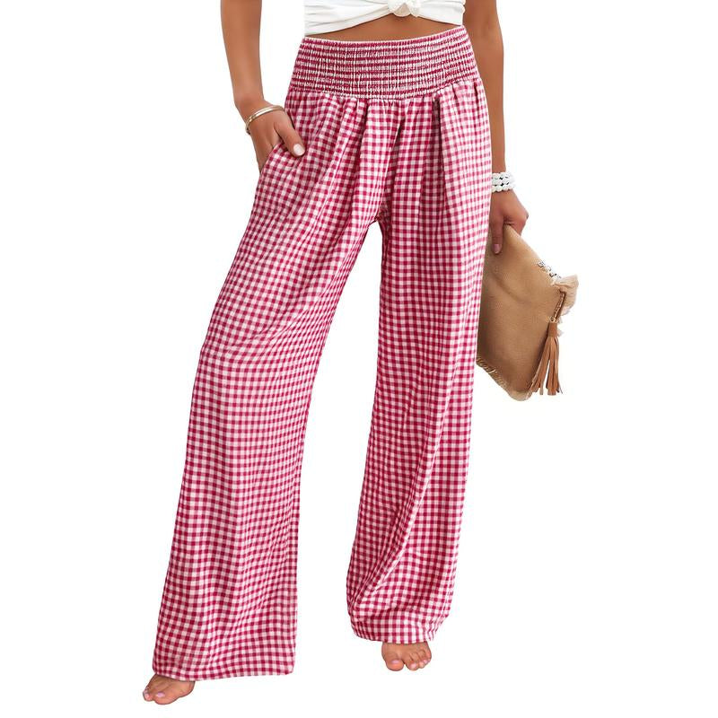 ANRABESS Womens Striped Gingham Palazzo Pants Wide Leg High Waisted Lounge Pajama Pants Cute Casual Trousers with Pockets for Comfort